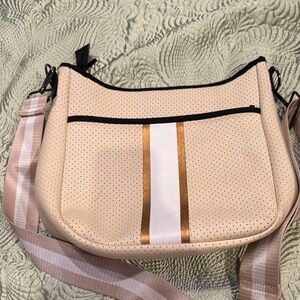 HAUTE SHORE Beige Crossbody Bag with Gold and White Stripes